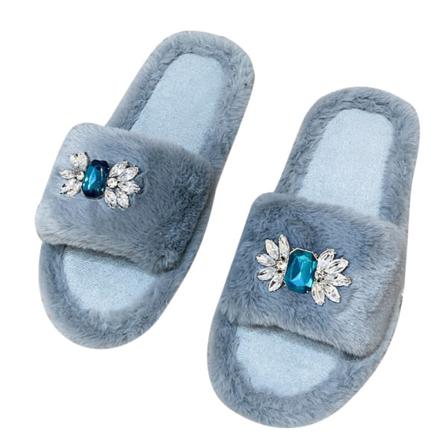 Kvinnor Med Öppen Tå Fluffy Slides Rhinestone Casual Flat Home Shoes