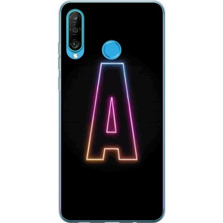 Kompatibel Mobilcover til Huawei Huawei P30 lite Minimalistisk neonbogstav A i regnbuefarvet lys mod sort baggrund i moderne typografisk stil