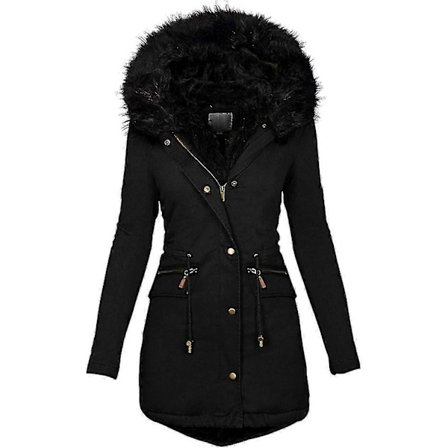 Varm vinterfrakke kompatibel med kvinder med sherpafór og pelsforet hætte{wh}
