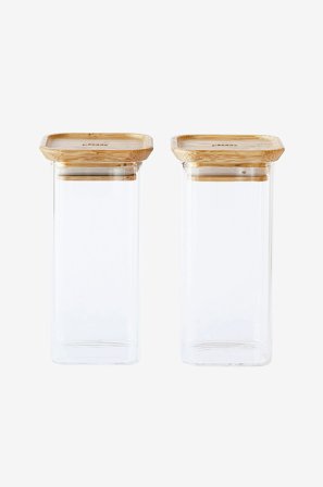 Pebbly - Sett med 2 firkantede glassbokser S med bambuslokk - 320 ml - Transparent - Oppbevaringsbokser - Fra Homeroom