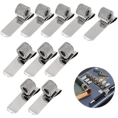 Pennhållare i rostfritt stål med klämma för anteckningsbok och urklipp med 5 övre och 5 sidofjädrar