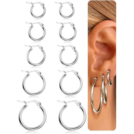 5 Par Sølvfarvede Øreringe Sæt til Kvinder Mænd Rustfrit Stål Små Huggie Øreringe Stabler Pakke Smykker til Flere Huller Vandtæt