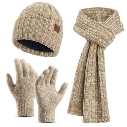 Vinter Varm Hue Sæt til Kvinder med Touchscreen Handsker og Langt Halstørklæde, Ribstrikket Kabelstrik med Fleeceforet Skull Pom Pom Huer