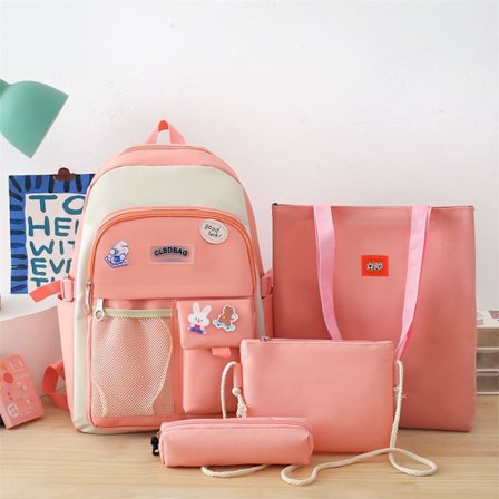 Fyrdelad skolesekk for grunnskoleelever, skolesekk for jenter, høyskole, gymnasium, stor kapasitet, jente, liten, frisk canvasryggsekk - rosa