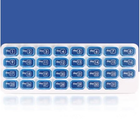 Blå, 31-dagarskit. Bärbar medicinlåda för dagliga piller, perfekt