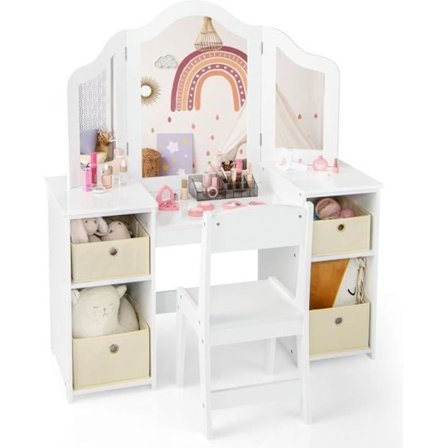 COSTWAY 2 in 1 Lapsille Suunniteltu Meikkipöytä ja Tuoli Irrotettavalla Kolmiosaisella Peilillä, 4 Osastoa ja Varastolaatikkoa Valkoinen 3 Vuotta+