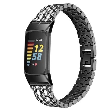 Fitbit Charge 5 klockarmband med tre rader strassstenar - Svart / Vit Svart