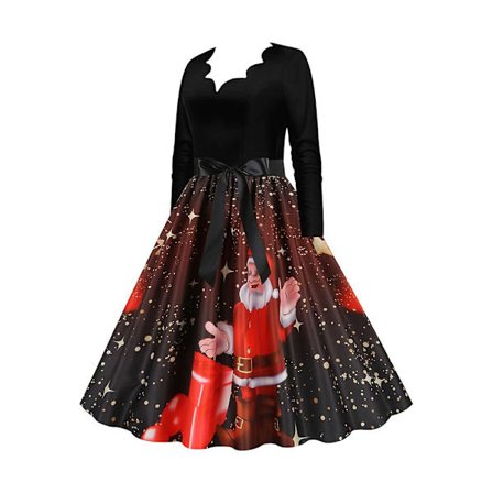 Vintage langærmet V-hals julekjole til kvinder 1950'er Husmor Aftenbal Fest Strandkjole Vinterkjole Festlig sommerkjole til kvinder Stor