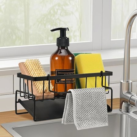 Kjøkkenvaskstativ, vaskorganisator i rustfritt stål, vaskoppbevaringsstativ med automatisk dreneringsbrett, egnet for oppbevaringsstativ for svamp og 