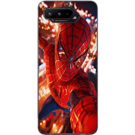 Kompatibel Mobilcover til Asus Asus ROG Phone 5 Spider Man i intens action med funklende lys og dynamisk perspektiv i filmisk superheltestil