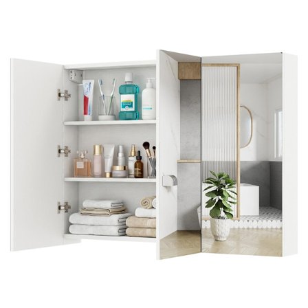 Vægmonteret spejlskab til badeværelse, 87 cm, 3 døre, 6 hylder
