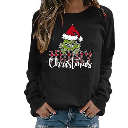 Julegenser for kvinner med trykk av Grinchen, lang erme, rund hals, avslappet genser (FMY)