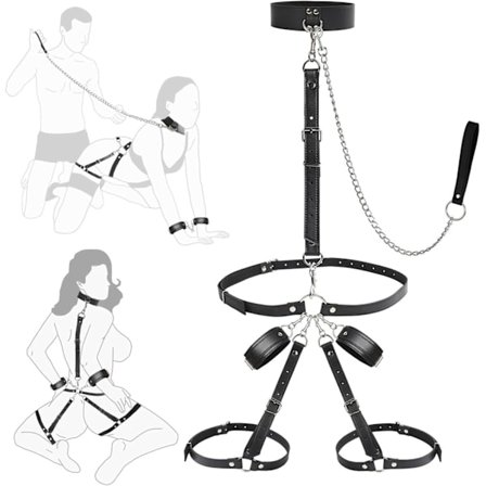 Sex Bondage Handleds- & Lårbojor Set med Justerbart Halsband & Koppel Handfängsel Lårfängsel Kors Midjebälte Bondage Utrustning