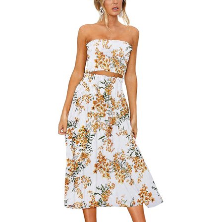 Blomsterbluse for kvinner, Maxi-skjørtdresskjole gul