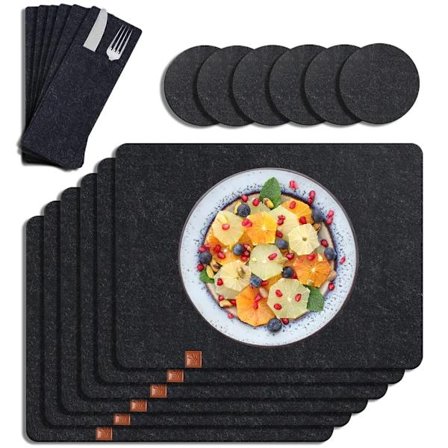 Plassmattebordsett 6 plassmatter vaskbare, filtbrikker og bestikkposer laget av filt