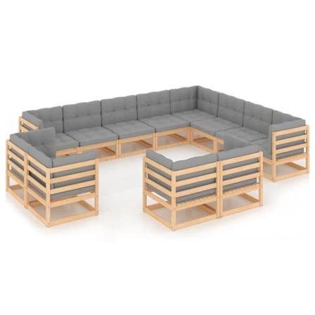 Vidaxl Loungegrupp Med Dynor 12 Delar Massiv Furu Grå