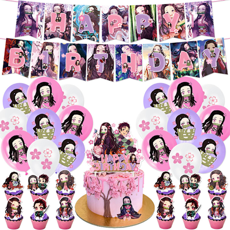 Demon Slayer Nezuko Tema Födelsedagsfest Dekorationer Banner Tårta Cupcake Toppers Ballonger Set