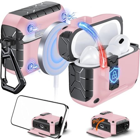 iPhone AirPods 4, Bluetooth-jalusta, avattava suojakotelo, TPU+PC-kuulokekotelo, pinkki