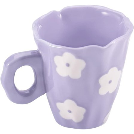 Keramisk kaffekrus, håndmalet lilla blomst nyhedskop, 300 ml uregelmæssigt design til latte, te og mælk - mikroovn- og opvaskemaskineegnet
