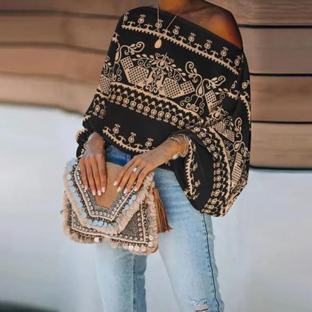 Dam Off Shoulder Pullover Print T-shirt Med Lykta Ärmar