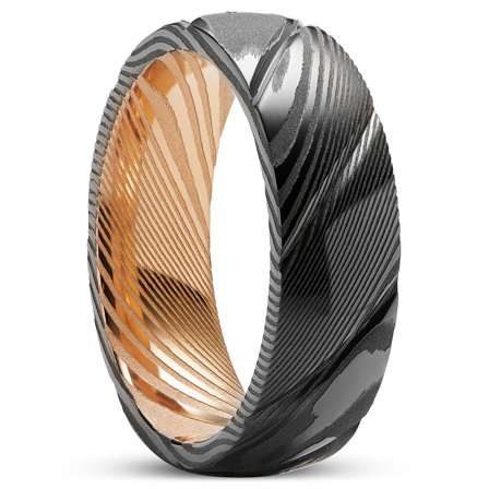 Fortis | 7 mm Grooved Gunmetal and Rose Gold-tone Damascus Steel Ring for Men - Steel rings