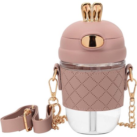 Vaaleanpunainen juomapullo pillillä ja hihnalla, 380 ml/13 oz BPA-vapaa muovinen juomapullo tiiviillä kannella, kaikenikäisille sopiva juomapullo 