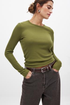 NA-KD Basic Haut côtelé encolure ronde à manches longues - Tops manches longues - Vert - XS (EU 32)