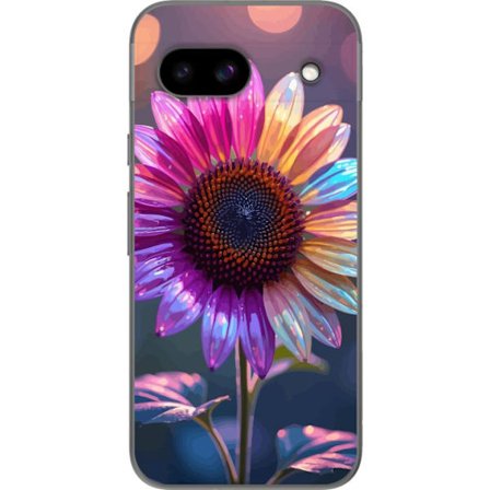 Kompatibelt Mobildeksel til Google Pixel 8a Irideserende blomst med glitrende kronblad i rosa lilla og gull mot myk bokeh bakgrunn