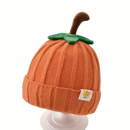 1 stk Vinterstrikket Beanie, Søtt Gresskardesign, Tykk og Varm Lue i Ensfarget, Heklet Pullover-lue.