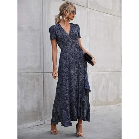 Sommer Wrap Maxi Kjole til Kvinder Casual Boho Blomster V-hals Kort Ærme