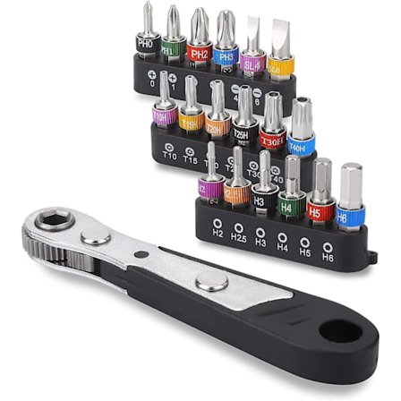 19-delt sett med S2 mikro-ratchet skrutrekkerbiter med Phillips, spalte, sekskant