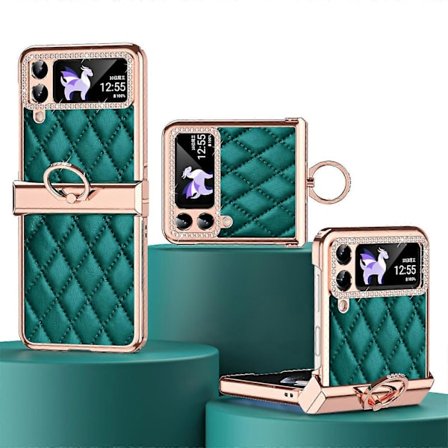 Pläterad Strass Fodral Kompatibelt med Samsung Galaxy Z Flip 4, PU Läderfodral med Gångjärnsskydd & Ringhållare