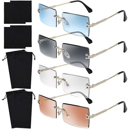 4-pak rektangulære solbriller uten ramme, vintage solbriller uten ramme, retro solbriller med metallramme for menn og kvinner