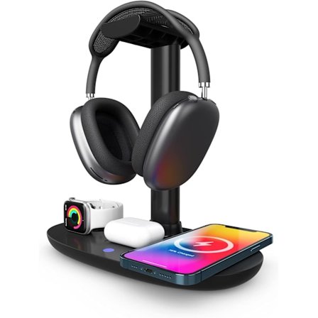Hodetelefonstativ med trådløs lader, 4-i-1 ladestasjon hodetelefonholder for skrivebord bord spilloppbevaring