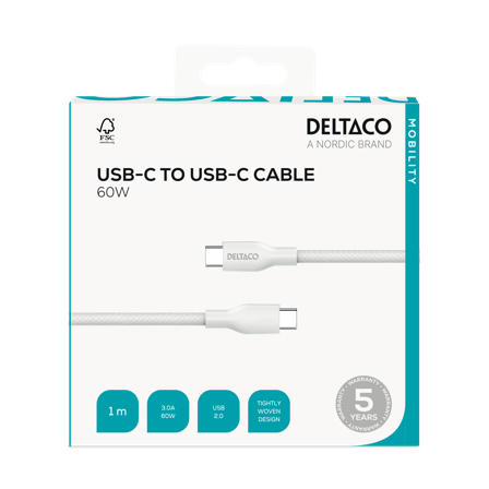Deltaco USB-C - C, 1m, USB 2.0, white braided, SPR 3A/60W