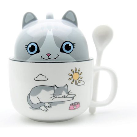 Uutuus söpö koira kahvimuki, keraaminen teemuki kannella ja lusikalla, kuuma kaakao, muro, aamiaiskuppi, Harmaa kissa