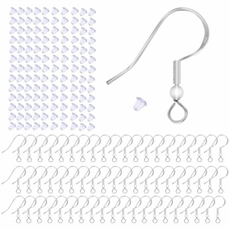 100 stk. 925 Sterling Sølv Øreringe Kroge, Øreringe Tilbehør Hypoallergeniske Smykker Kroge DIY Øretråde Med 100 Gennemsigtige Gummi Smykker