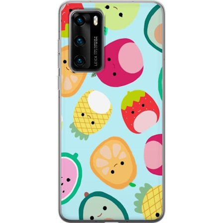 Kompatibelt Mobildeksel til Huawei P40 Mønster av kawaii-frukter som jordbær sitron ananas og avocado på lyseblå bakgrunn