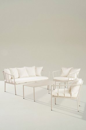 Jotex - Loungemøblement - 4 Deler Aluminium/Polyester/Polyeterskum Beige/hvite puter MENTON - Kjøp Loungemøbler hos Jotex