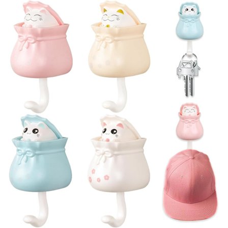 4 stk Søte Katte Nøkkelholdere, Kreative Klistremerker Katte Veggkroker, Søt Romdekorasjonskrok for Kåpe Skjerf Hatt Håndkle Nøkkelveske Vegg