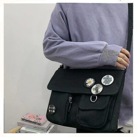 Student Skolväska Crossbody Väskor Vintage Canvas Messenger Bag för Tonårsflickor Svart 4 Märken