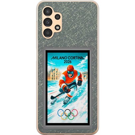Yhteensopiva Puhelinkuori Samsung Galaxy A13 Curlingkuvitus pelaajilla ja kivillä jäällä, Milano Cortina 2026, lumisia roiskeita ja olympiasormukset
