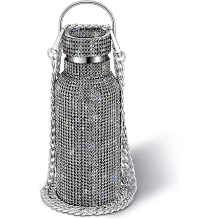 Diamant Vannflaske Skinnende Rhinestone Rustfritt Stål Termos Påfyllbar Vannflaske Isolerte Vannflaske Glitter Vannflaske med Kjede for Kvinner