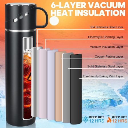 Isoleret vandflaske 600 ml sort BPA-fri rustfrit stål dobbeltvægget termokande med kop og låg varmebestandig lækagesikker til arbejde skole vandreture