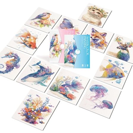 Vesivärityskirja 19x14,4 cm aikuisille ja lapsille, eläimillä, tee-se-itse taideaskartelupaperisetti, all-in-one taskukirja