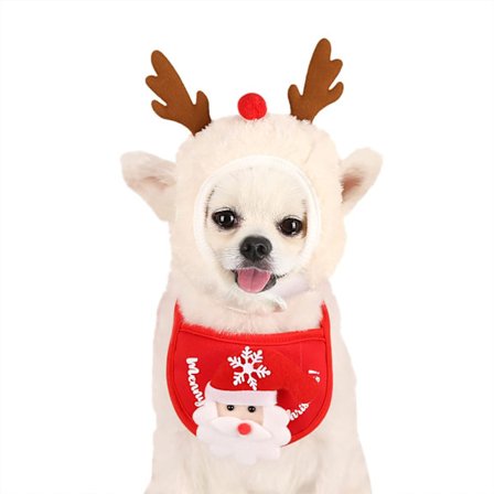 2 stk. Julehalsbånd og hatt til hund, valp, katt, julehatt og siklesmekke med julenissedesign og reinsdyrdesign for små og mellomstore hunder og 