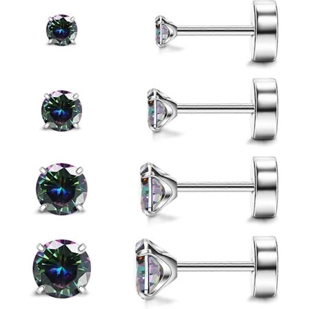 Hypoallergeniske flade øreringe til kvinder og mænd, 4 par implantat-titanium ørestikker med flad bagside til brusk, skrue bagpå ren titanium