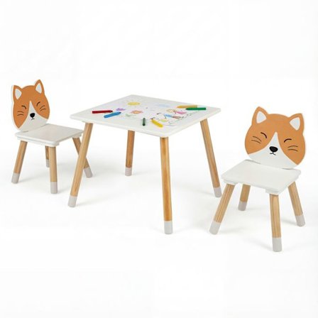COSTWAY Multi-Activity Bord og 2 Stole til Børn i Træ Formet som en Kat 50 x 50 x 44 cm til Klasseværelse
