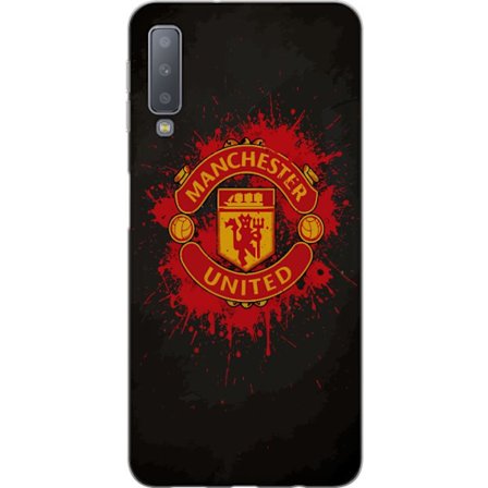 Kompatibelt Mobildeksel til Samsung Samsung Galaxy A7 (2018) Manchester United logo i rød og gul farge med røff sportslig bakgrunn
