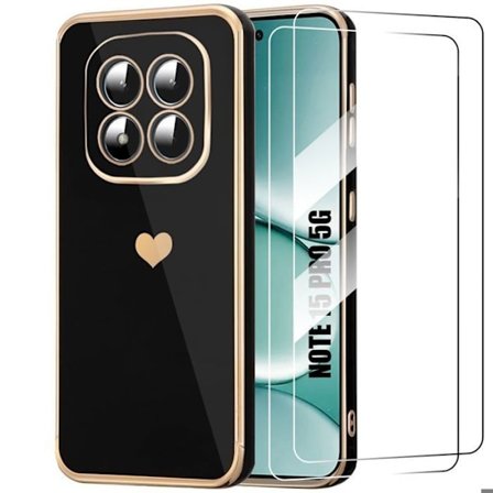 Cover til Xiaomi Redmi Note 15 Pro 5G, Silikone Hjerte Mønster Stødabsorberende Slim Sort - 2 Tempered Glass